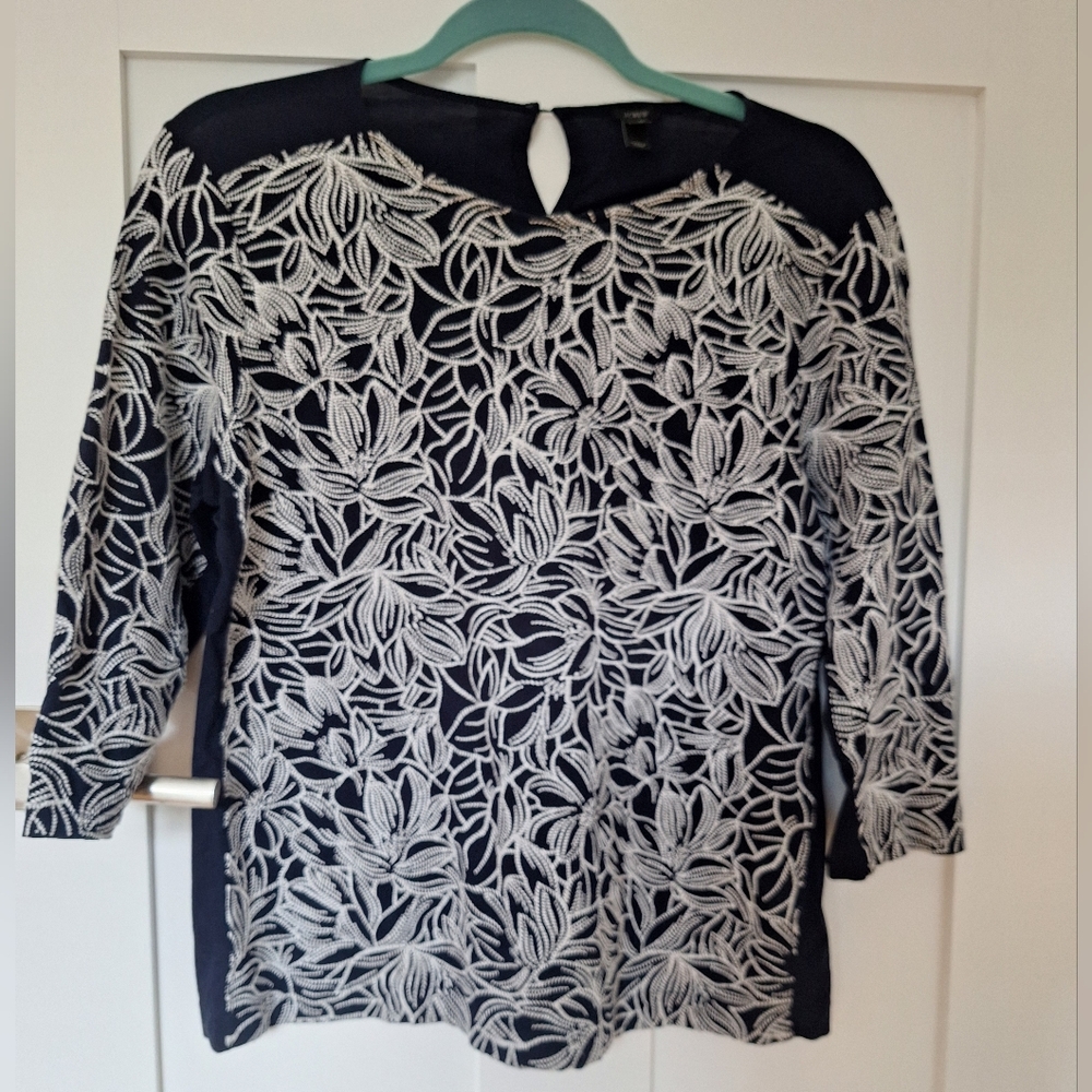 J. Crew Embroidered 100% cotton Navy Blue & White Top Blouse